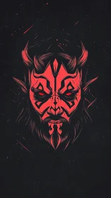 Symmetrical red demonic mask illustration on dark field.