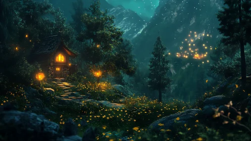 Nocturnal alpine cottage with luminous lantern cluster field.