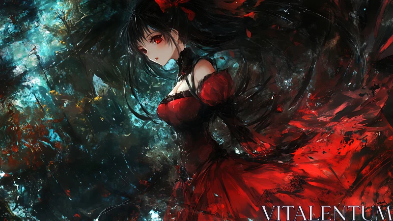 Female figure in red dress amid abstract dark backdrop.