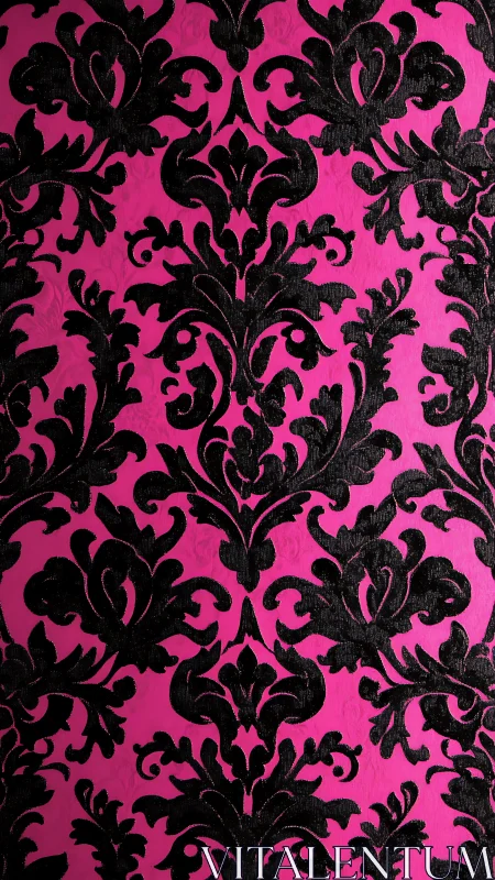 Baroque black damask pattern contrasts against neon magenta ground