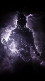 Mysterious hooded figure glowing with swirling violet light.