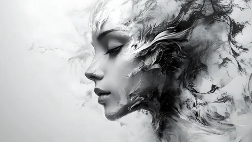 Monochrome ethereal portrait in fluid digital abstraction.