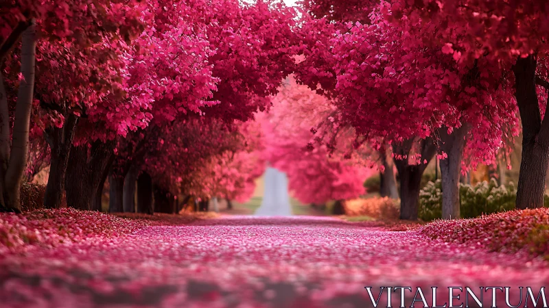 Dreamy pink blossom pathway inviting quiet, gentle wonder.