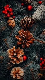 Frosted pine cones and red berries in rich festive foliage.