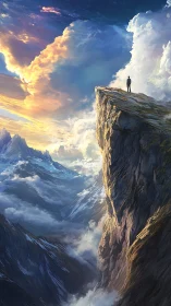 Solitary figure surveys luminous alpine clouds from cliff edge