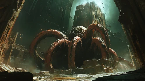 Eldritch colossus awakening within a ruined abyssal temple.