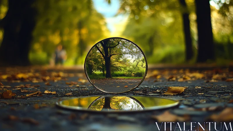 Circular mirror gateways along a quiet tree-lined path.