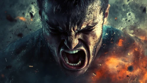 Explosive close-up portrait isolates male scream in dynamic debris field