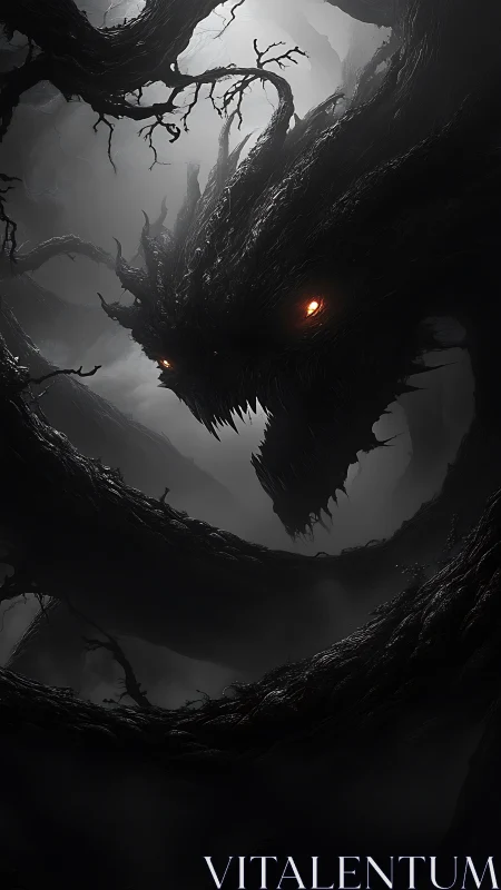 Twisted forest dragon with embers glowing through shadowed bark.