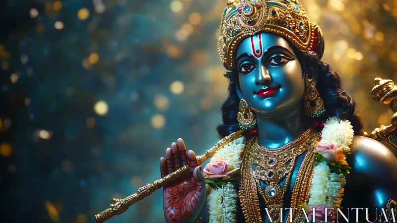 Divine blue deity idol holds flute amid luminous bokeh field