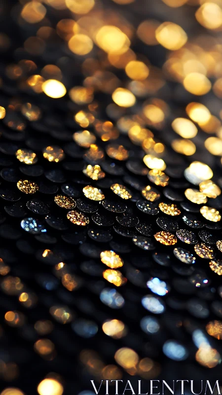Gold sequins on dark fabric surface captured in macro focus