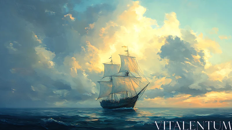 Sailing vessel moves across open sea under dense cloud cover