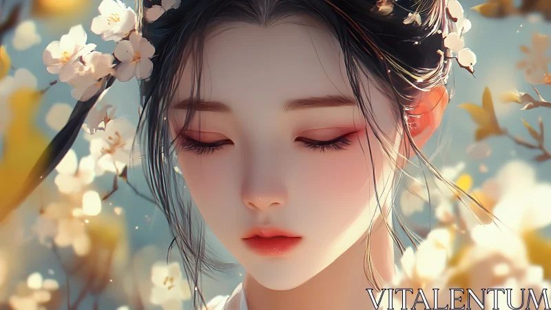 High-fidelity anime portrait amid defocused blossom bokeh field.