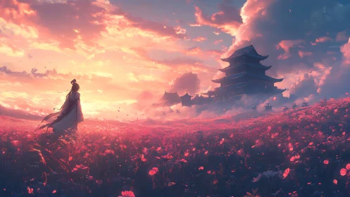 Samurai silhouette in crimson flower field at sunset horizon