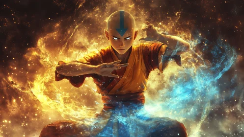 Bald monk figure controlling opposing elemental energy fields.