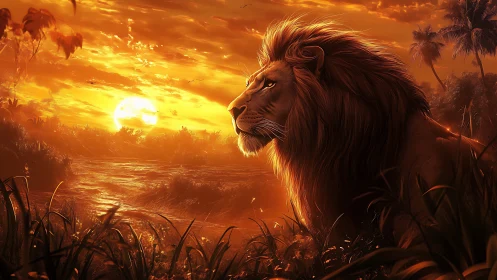 Golden savanna sunset with a calm, watchful lion king.