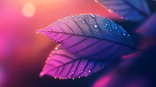 Iridescent macro leaf study with neon bokeh gradient lighting.