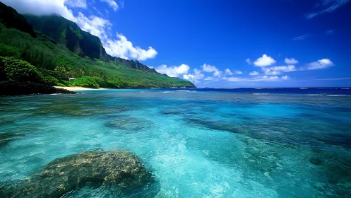 Tropical Lagoon with Verdant Cliffs and Crystalline Turquoise Waters.