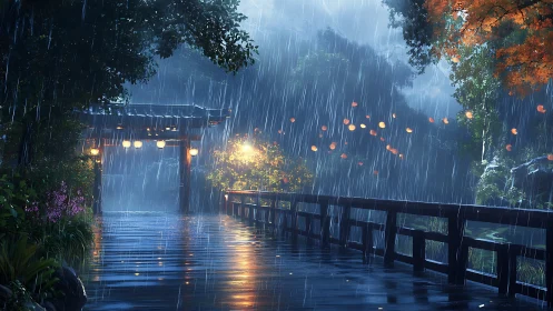 Soft lantern light welcomes evening rain along a quiet bridge