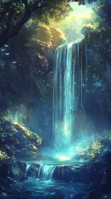 Luminous forest waterfall cascading into glowing blue pool.
