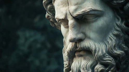 Marble bearded statue face fills frame in close focus