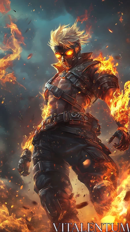 Armored humanoid figure in flames against stormy backdrop.