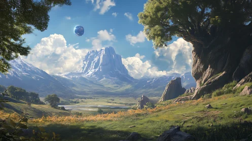 Epic alien valley under floating planet and vast tree.
