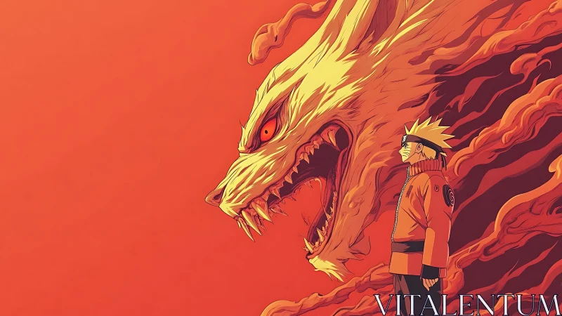 Dynamic anime composition aligns human figure with fiery beast