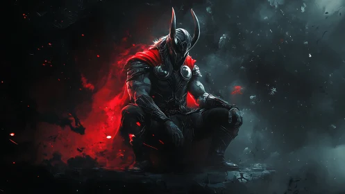 Armored thunder warrior crouched in red-tinged storm haze.