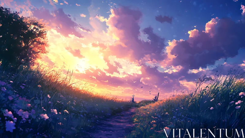 Sunset sky over rural path with wildflowers in bloom.