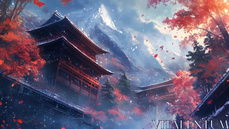 Crimson temples breathe frost beneath the whispering peaks