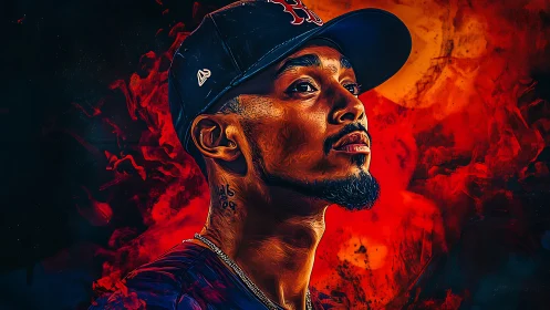 Digital chromatic portrait of baseball player in emberscape.