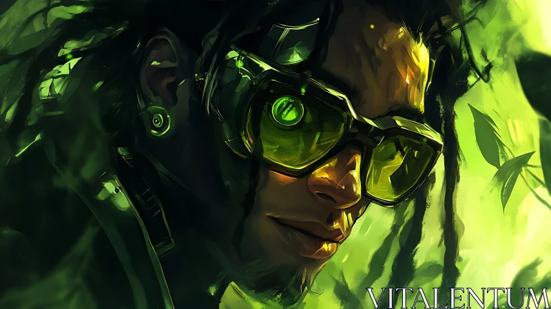 Cyborg individual with augmented visor in green environment.