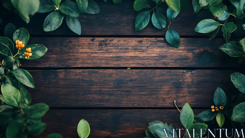 Wooden planks lie horizontally with green leaves framing edges.