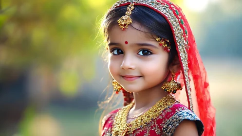 Portrait of young girl in ornate red traditional attire