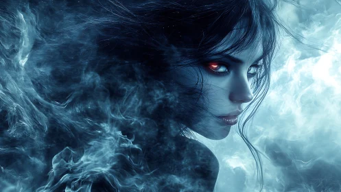 Mystical ember eyed sorceress wrapped in swirling frost mist.