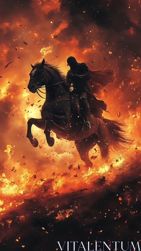 Fierce armored rider charges through roaring waves of fire