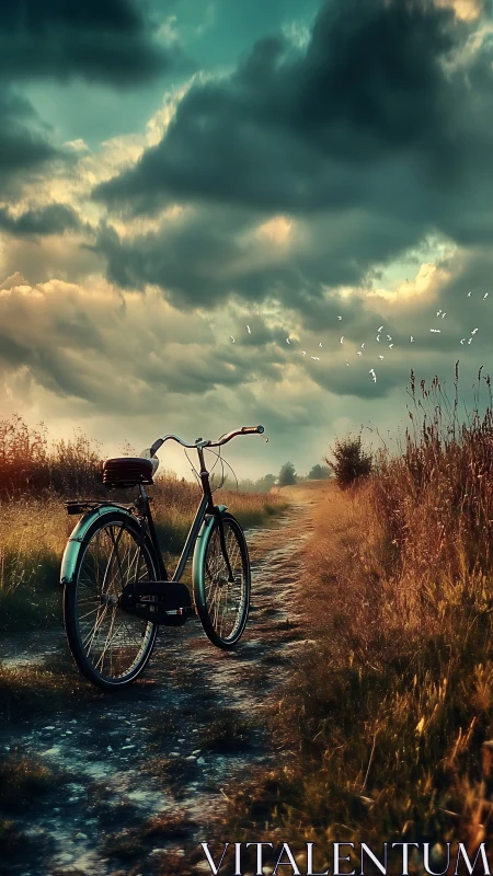 Vintage Bicycle on Rural Path Under Dramatic Sky