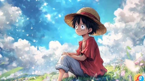 Sunlit straw hat boy relaxes peacefully in a dreamy meadow