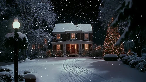 Snowfall illuminates a decorated suburban house with warm lighting