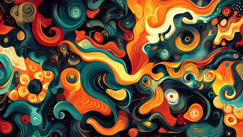 Interwoven swirling forms create layered flowing color structures