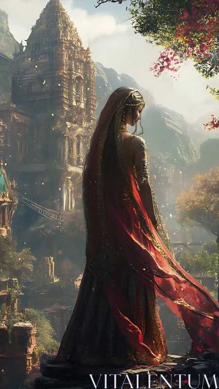 Veiled goddess overlooking sunlit jungle temple city.