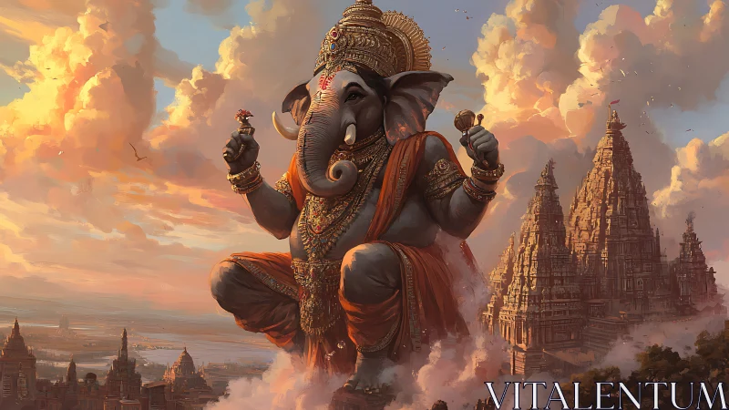 Colossal elephant deity levitates above sunlit temple clouds.
