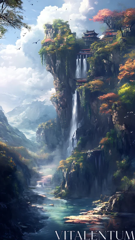 Mountain temple terraces overlook cascading river gorge