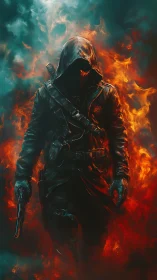 Hooded gunslinger strides through blazing inferno of fire.