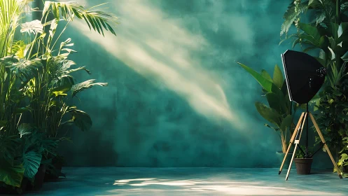 Photo studio light stands in indoor tropical plant corner