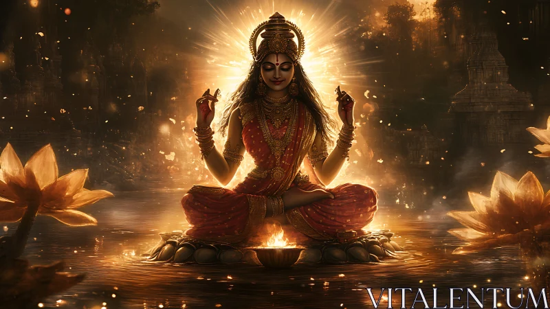 Radiant river goddess in molten gold meditation bloom.