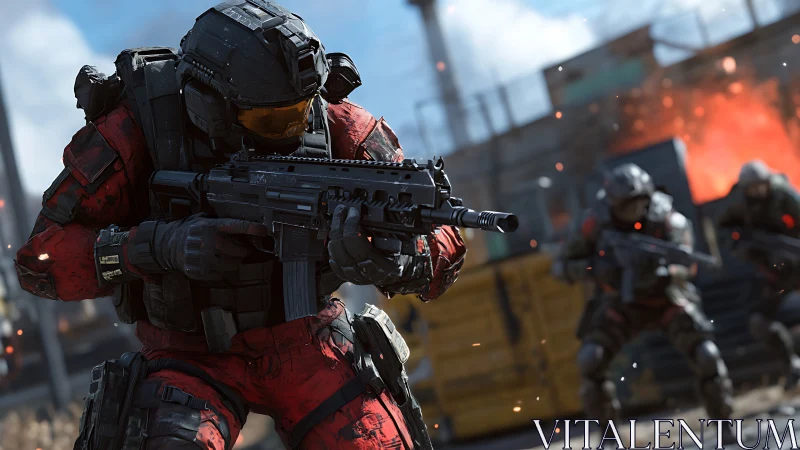 Armored soldier advances through explosive urban firefight.