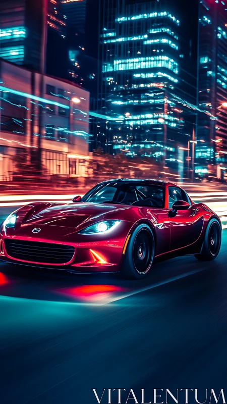 Crimson sports car slices neon night through electric city glow.