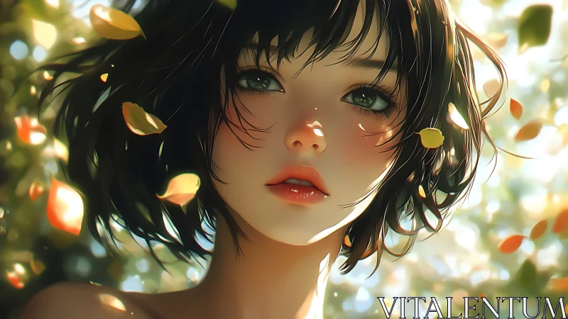 Sunlit forest muse with autumn leaves and luminous gaze.